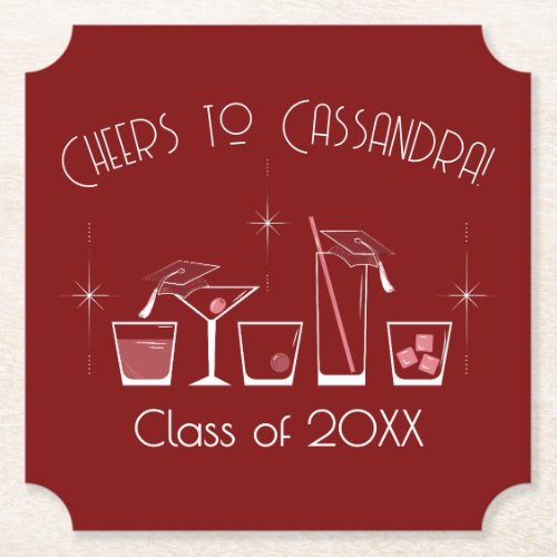 Cap and Cocktail Graduation Party Maroon Paper Coaster
