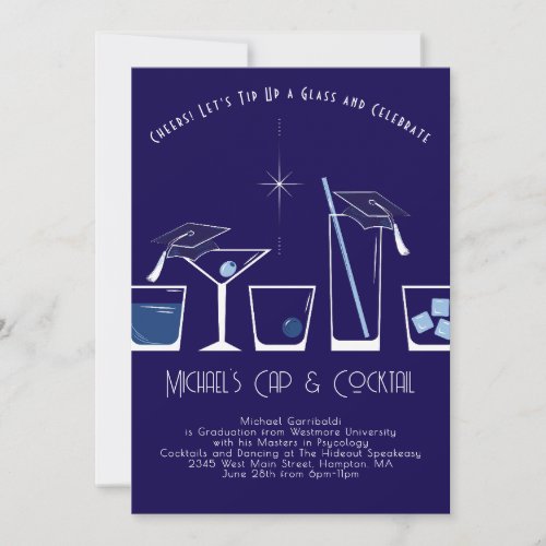 Cap and Cocktail Graduation Party Navy Blue Invitation