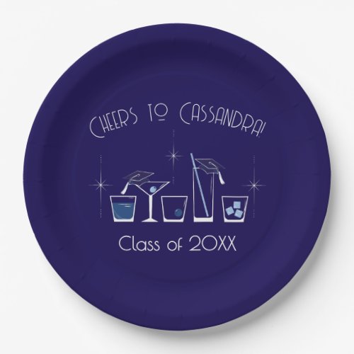 Cap and Cocktail Graduation Party Navy Blue Paper Plates