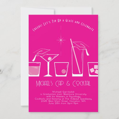 Cap and Cocktail Graduation Party Pink Invitation