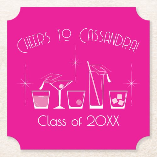 Cap and Cocktail Graduation Party Pink Paper Coaster