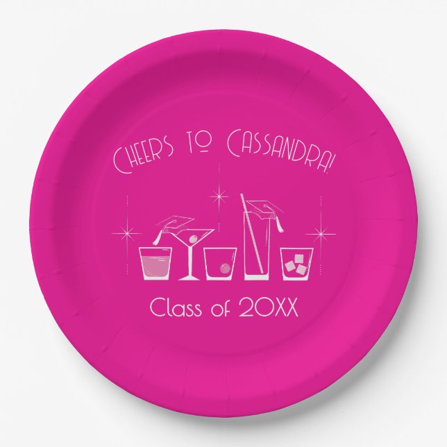 Cap and Cocktail Graduation Party Pink Paper Plates (Front)