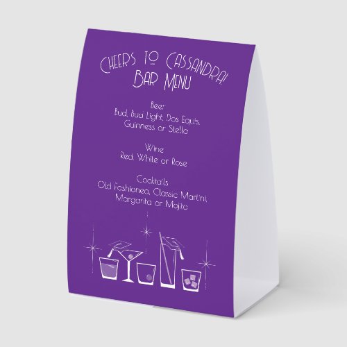 Cap and Cocktail Graduation Party Purple Bar Menu Paper Table Tent