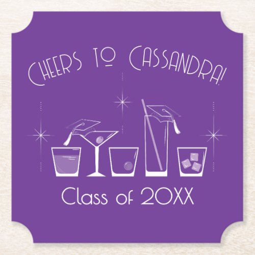 Cap and Cocktail Graduation Party Purple Paper Coaster