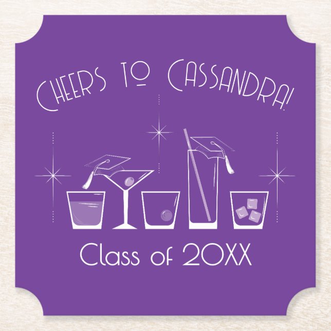 Cap and Cocktail Graduation Party Purple Paper Coaster (Front)
