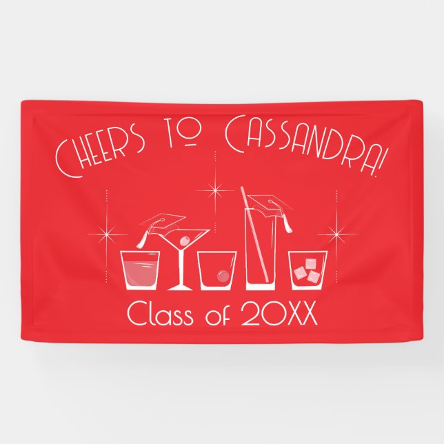 Cap and Cocktail Graduation Party Red Banner (Horizontal)