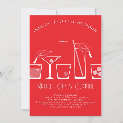 Cap and Cocktail Graduation Party Red Invitation