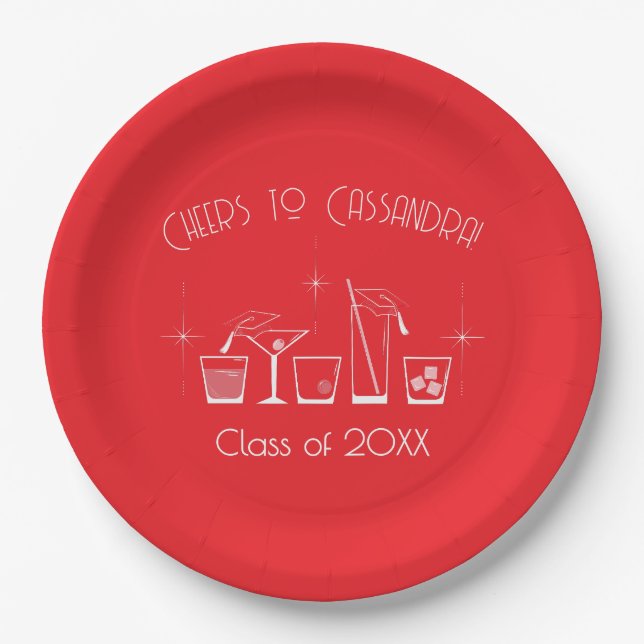 Cap and Cocktail Graduation Party Red Paper Plates (Front)