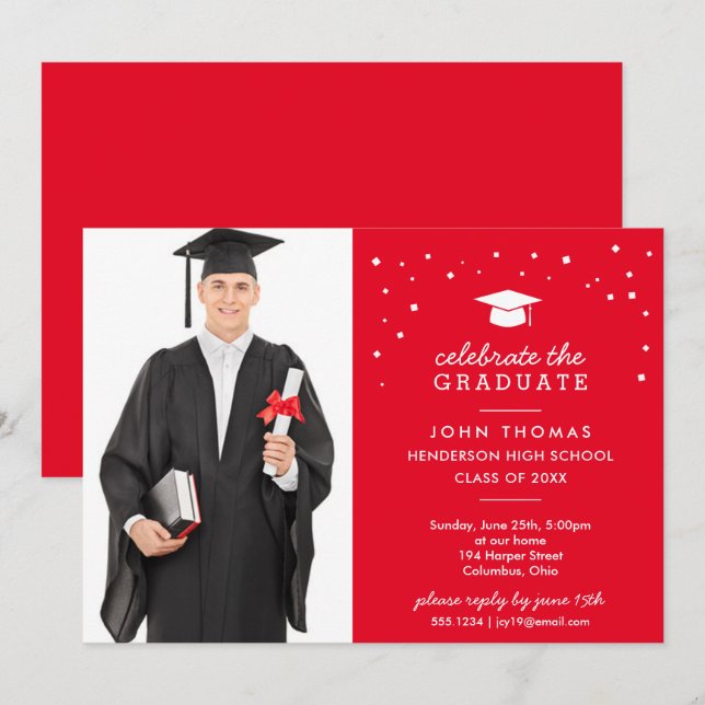 Cap and Confetti with Photo, Red Graduation Invitation (Front/Back)