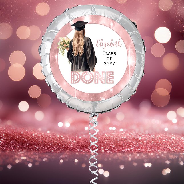 Cap and Gown | Pink Florals DONE Balloon (Girl in Cap and Gown with Pink and White Flowers Name and Class Year "DONE" Helium Balloon)