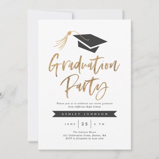 Cap and Tassel Graduation Party Gold Foil Invitation | Zazzle