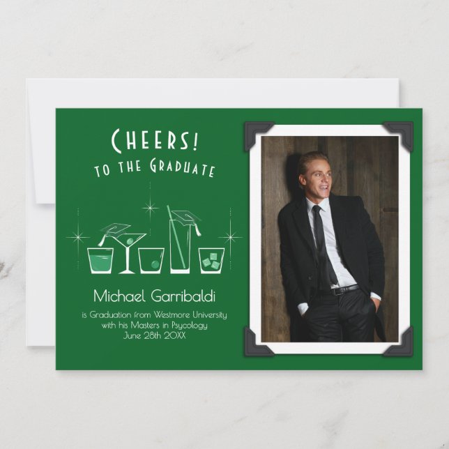 Cap Cocktail Graduation Announcement Dark Green (Front)