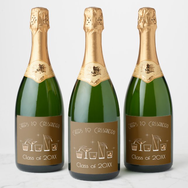 Cap Cocktail Graduation Party Brown Bar Menu Sparkling Wine Label (Bottles)