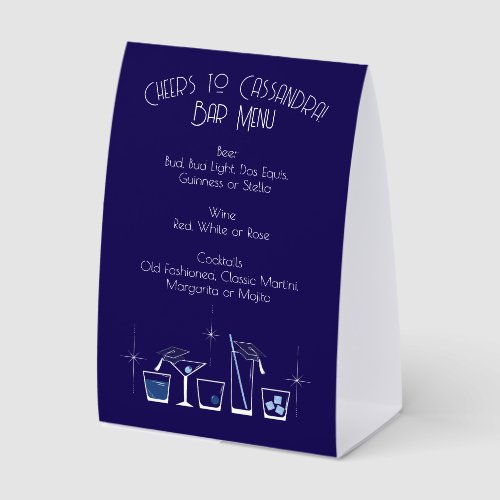 Cap Cocktail Graduation Party Navy Blue Bar Menu Paper Table Tent
