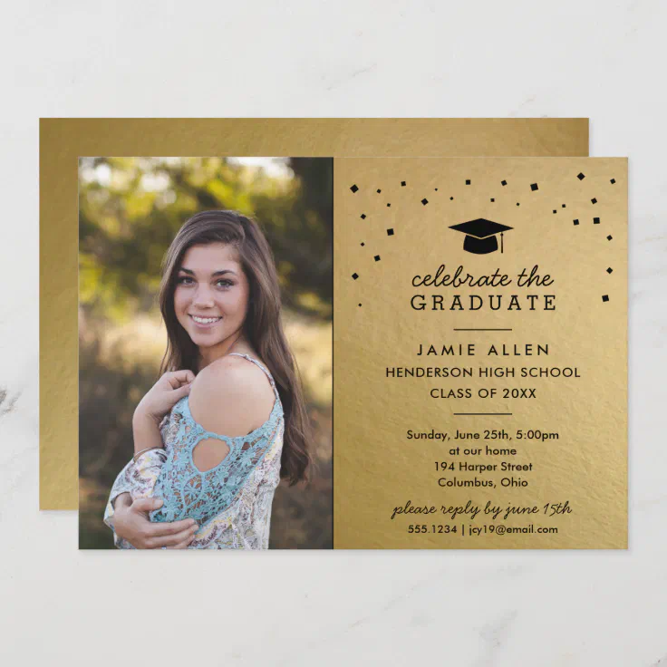 Cap & Confetti Gold And Black Graduation Photo Invitation 