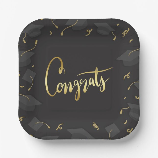 Cap & Confetti Graduation Congrats Paper Plates (Front)