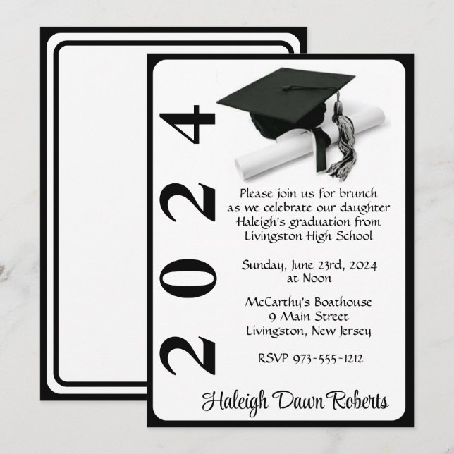 Cap & Diploma 5x7 Black & White Graduation Invitation (Front/Back)