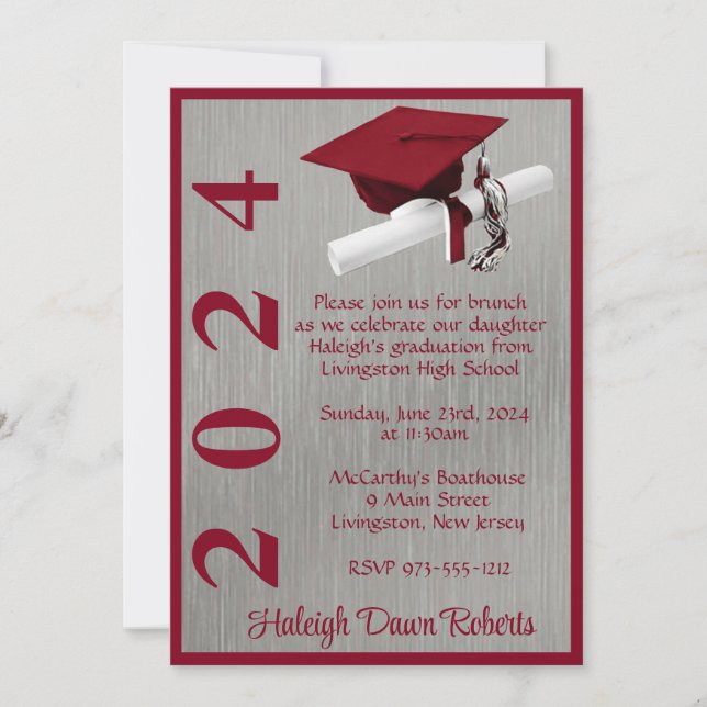Cap & Diploma 5x7 Cardinal Red/Silver Graduation Invitation (Front)