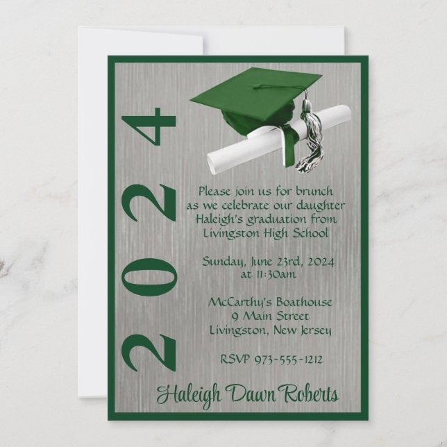 Cap & Diploma 5x7 Green and Silver Graduation Invitation (Front)