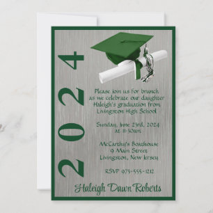 Cap & Diploma 5x7 Green and Silver Graduation Invitation