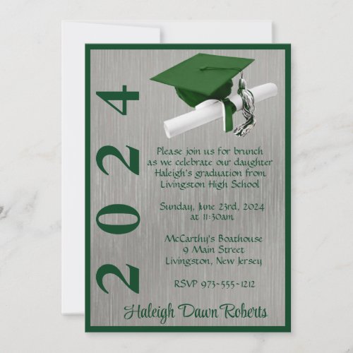 Cap  Diploma 5x7 Green and Silver Graduation Invitation