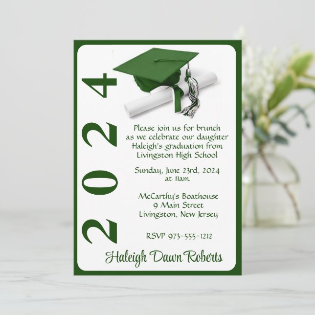 Cap & Diploma 5x7 Green & White Graduation Invitation (Standing Front)