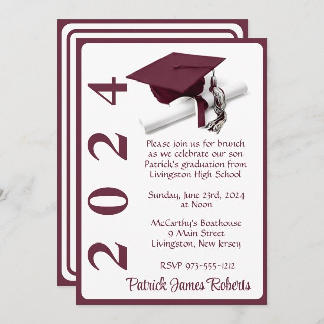 Cap & Diploma 5x7 Maroon & White Graduation Invitation (Front/Back)