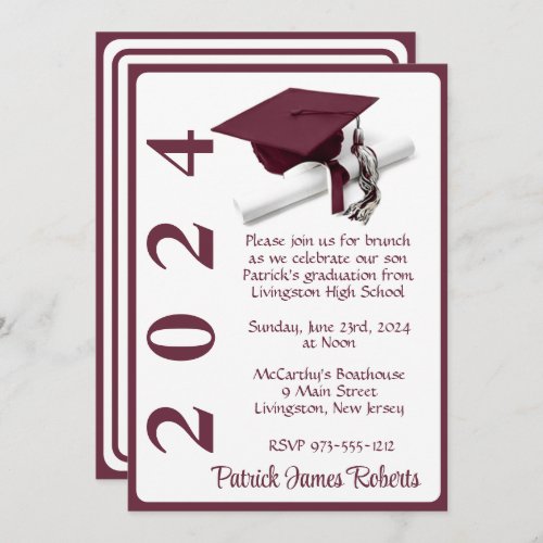 Cap  Diploma 5x7 Maroon  White Graduation Invitation