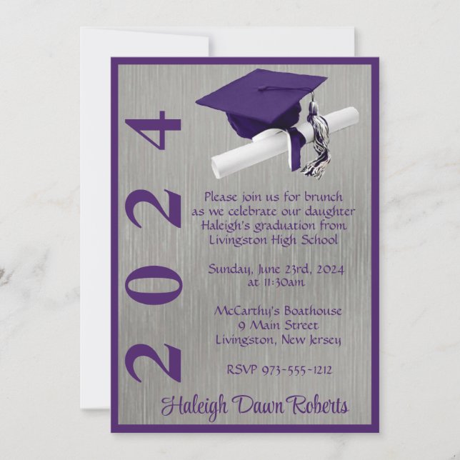 Cap & Diploma 5x7 Purple and Silver Graduation Invitation (Front)