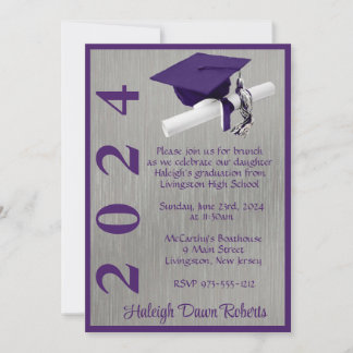 Cap & Diploma 5x7 Purple and Silver Graduation Invitation