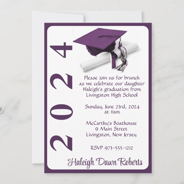 Cap & Diploma 5x7 Purple & White Graduation Invitation (Front)
