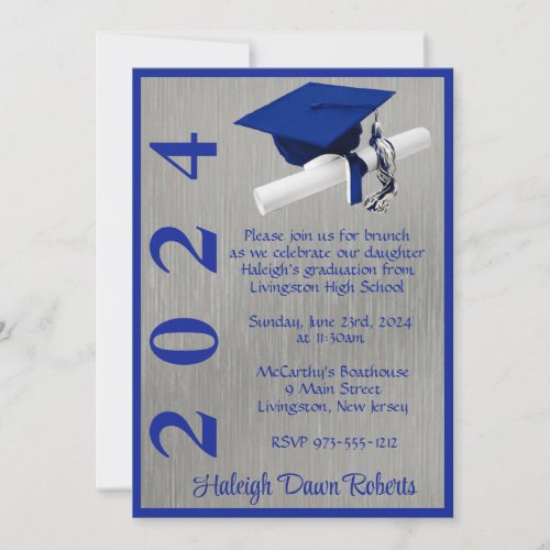 Cap  Diploma 5x7 Royal Blue and Silver Graduation Invitation