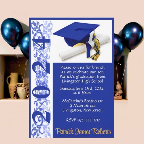 Cap  Diploma 5x7 Royal Blue  Gold Graduation Invitation