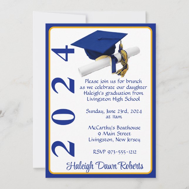 Cap & Diploma 5x7 Royal Blue & Gold Graduation Invitation (Front)