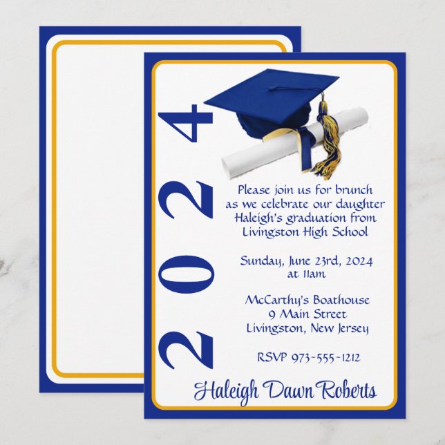 Cap & Diploma 5x7 Royal Blue & Gold Graduation Invitation | Zazzle