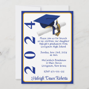 Cap & Diploma 5x7 Royal Blue & Gold Graduation Invitation