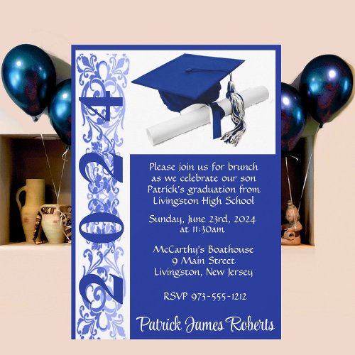 Cap  Diploma 5x7 Royal Blue  White Graduation Invitation