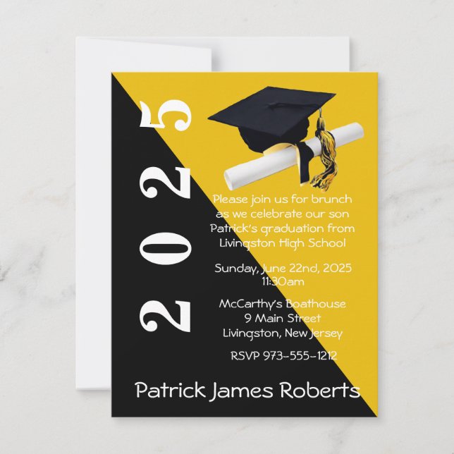 Cap & Diploma, Black & Gold Graduation Invitation (Front)