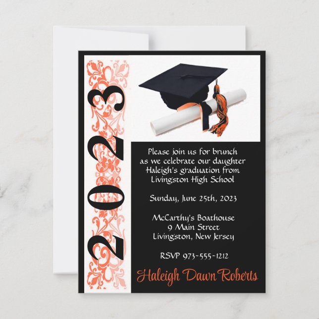 Cap & Diploma, Black & Orange Graduation Invitation (Front)
