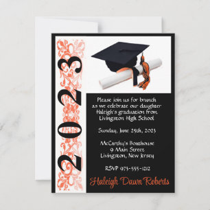 Cap & Diploma, Black & Orange Graduation Invitation