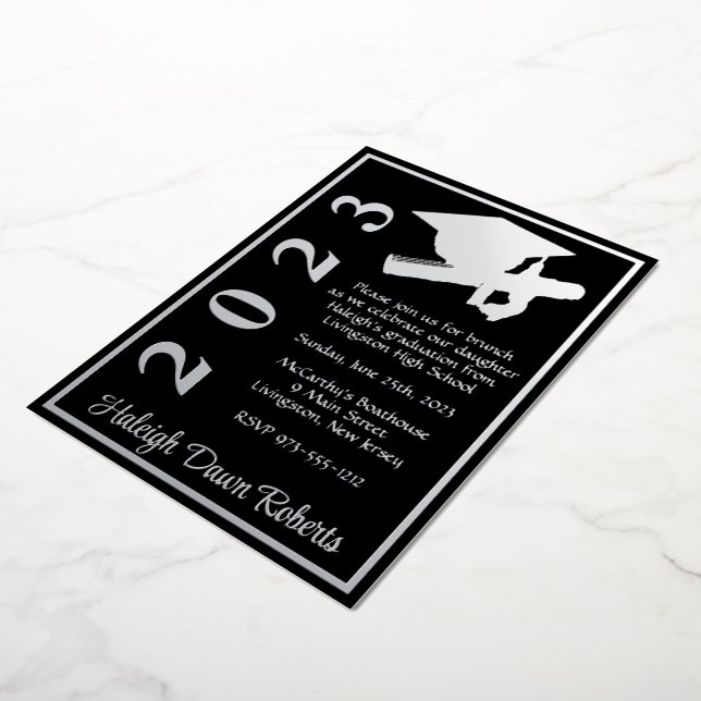 Cap & Diploma, Black & Silver Graduation Foil Invitation (Rotated)