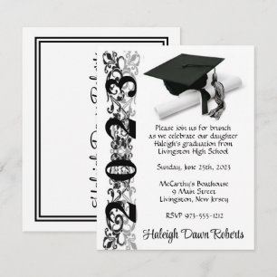 Cap & Diploma, Black & Silver Graduation Invitation