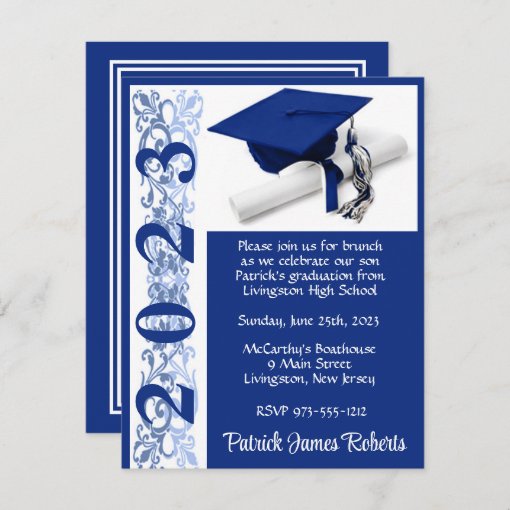 Cap & Diploma, Blue Background Graduation Invitation | Zazzle