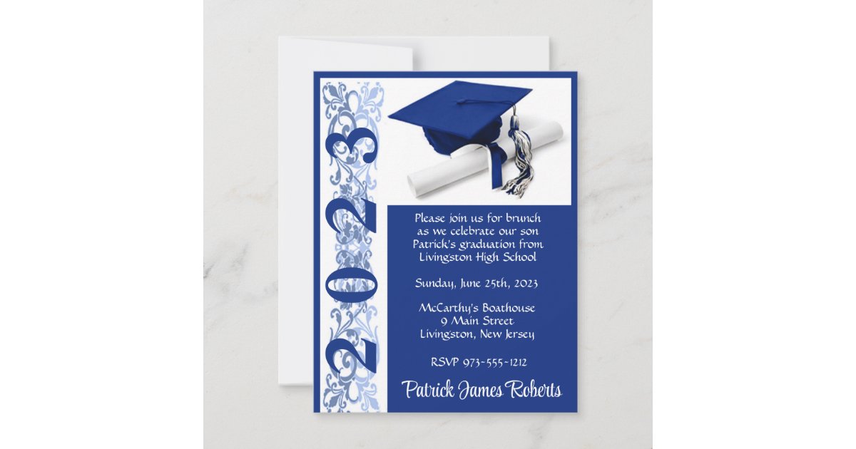 Cap & Diploma, Blue Background Graduation Invitation | Zazzle