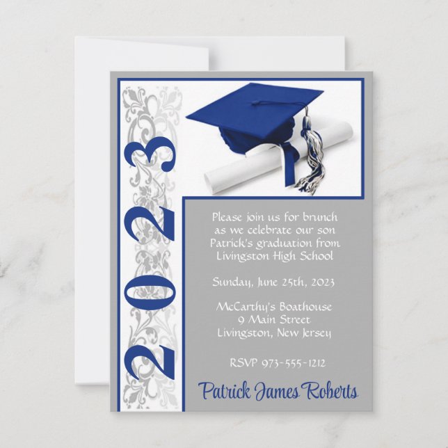Cap & Diploma, Blue & Gray Graduation Invitation (Front)