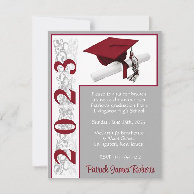 Cap/Diploma, Cardinal Red, Gray, White Graduation Invitation (Front)