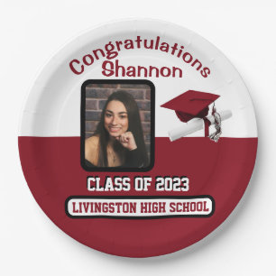 Cap & Diploma, Cardinal Red & White Graduation Paper Plates