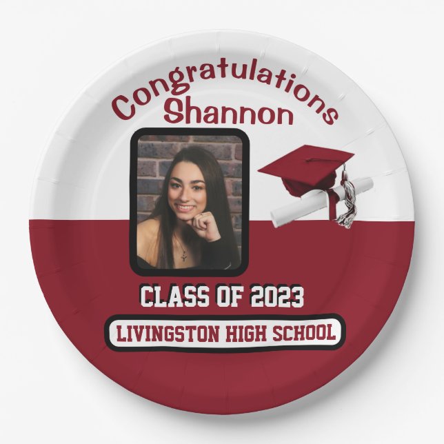 Cap & Diploma, Cardinal Red & White Graduation Paper Plates (Front)