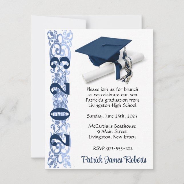 Cap & Diploma, Dark Blue Graduation Invitation (Front)