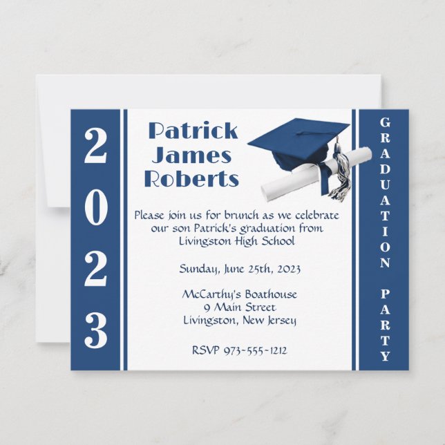Cap & Diploma, Dark Blue Graduation Invitation (Front)
